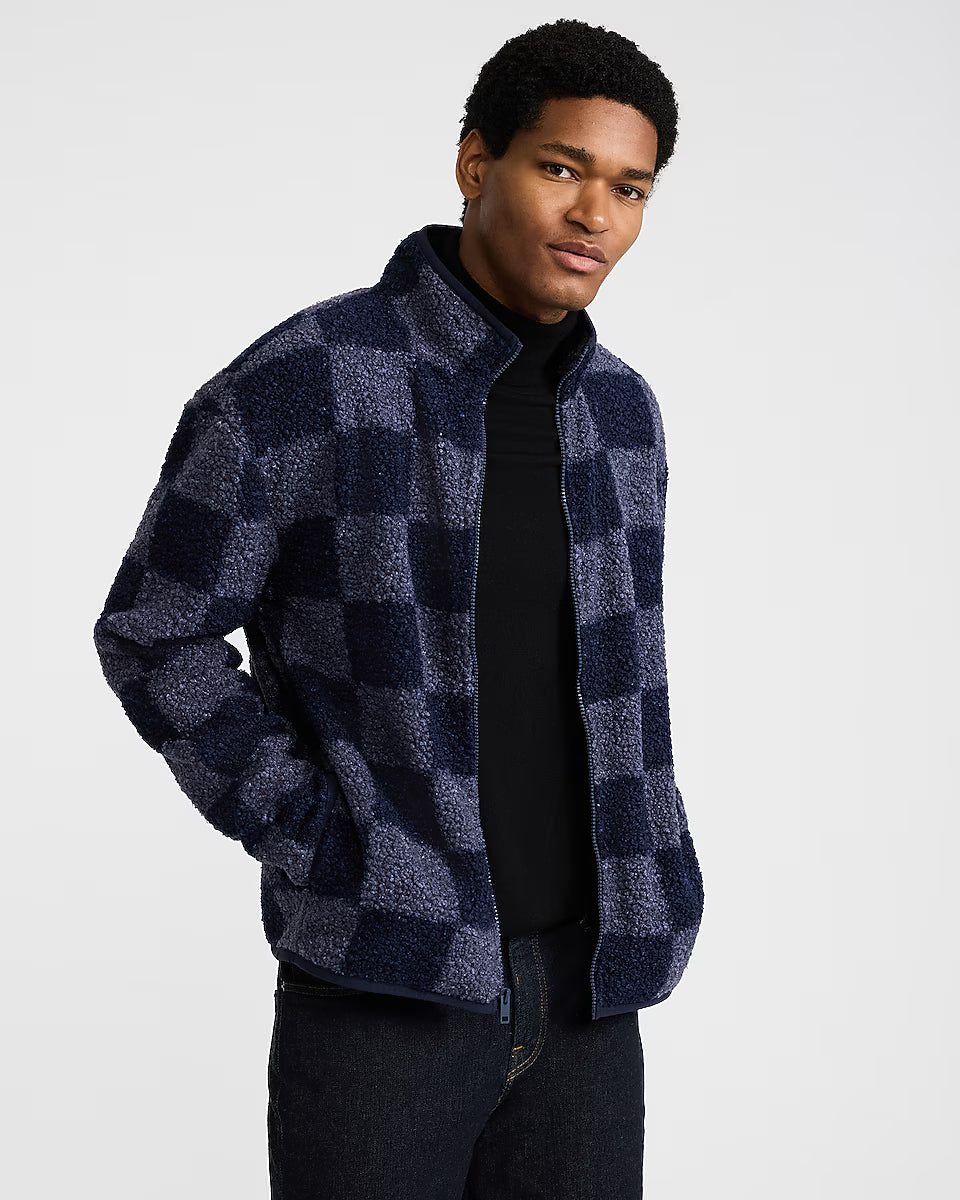 Checkered Sherpa Mock Neck Jacket